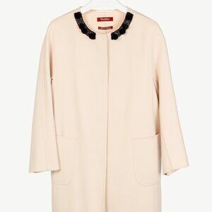 Max Mara Studio Beige Wool Embellished-Neck Coat